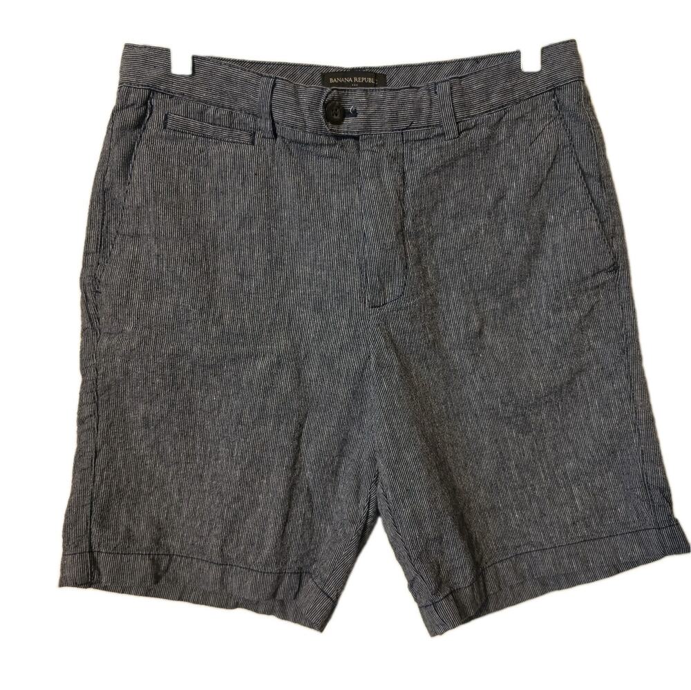 Banana Republic Mens Shorts 30 Linen Cotton Blend Striped Gray Blue Summer Beach